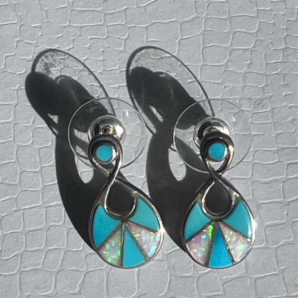 Sterling Silver Turquoise & Opal Inlay Drop Earrings – QB Signed